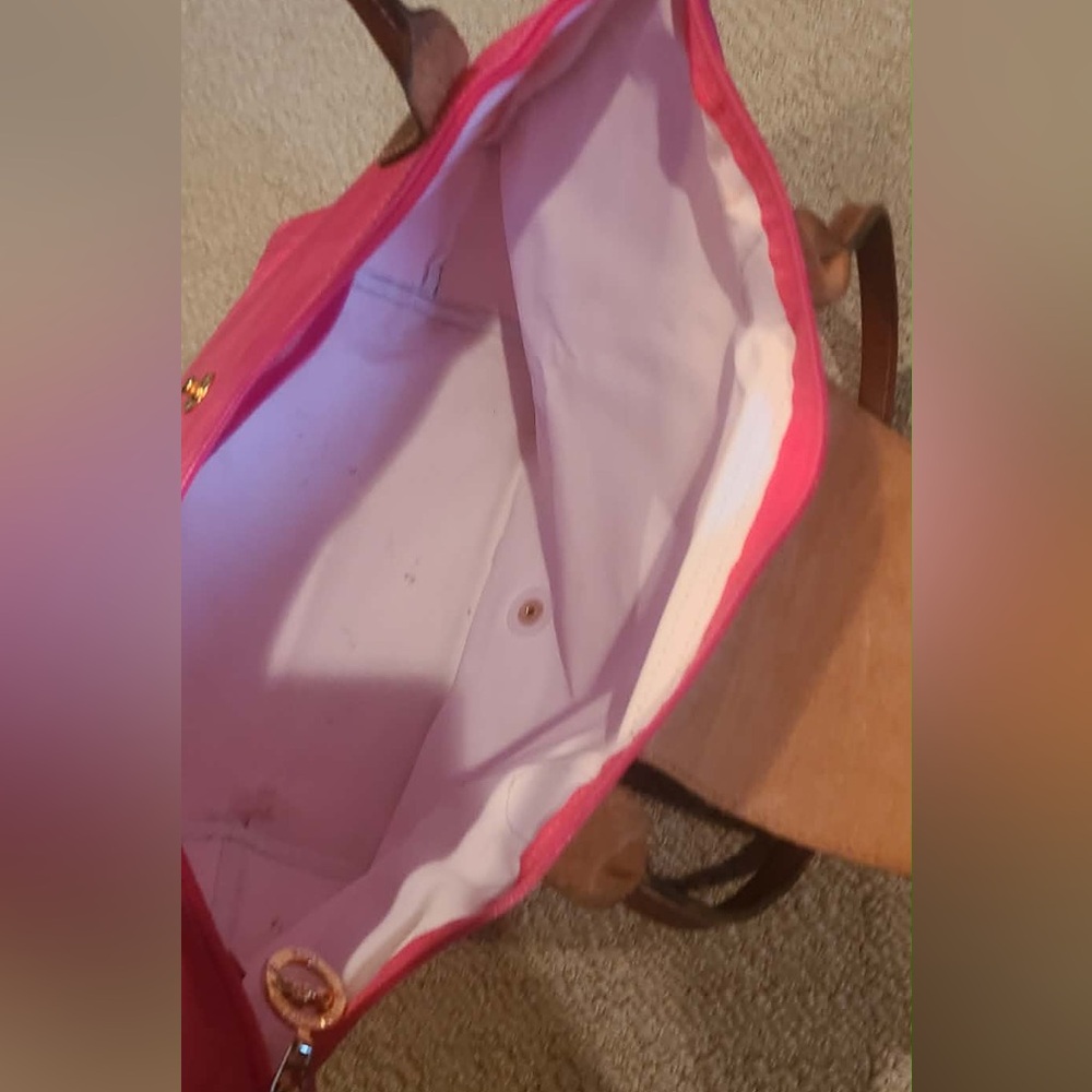 Longchamp Pink Le Pliage Medium Tote with Brown Leather Handles - Picture 5 of 15